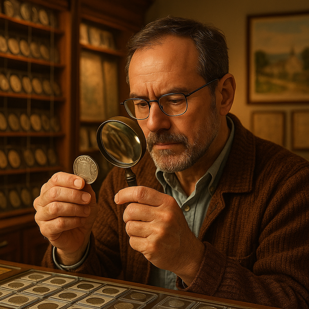 Expert numismatist inspecting a vintage silver coin highlighting the shop’s trusted guidance.