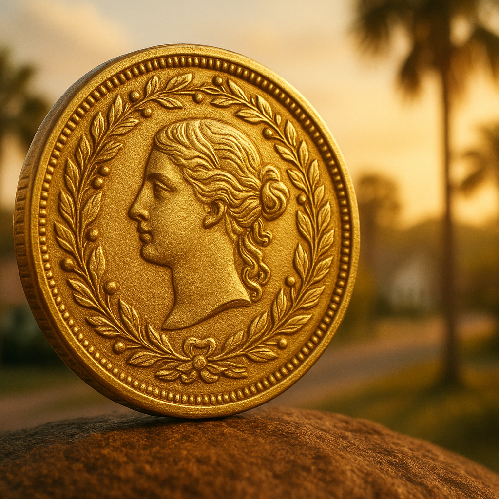 Close-up of a rare, gleaming gold coin showcasing intricate details and craftsmanship, perfect for collectors.