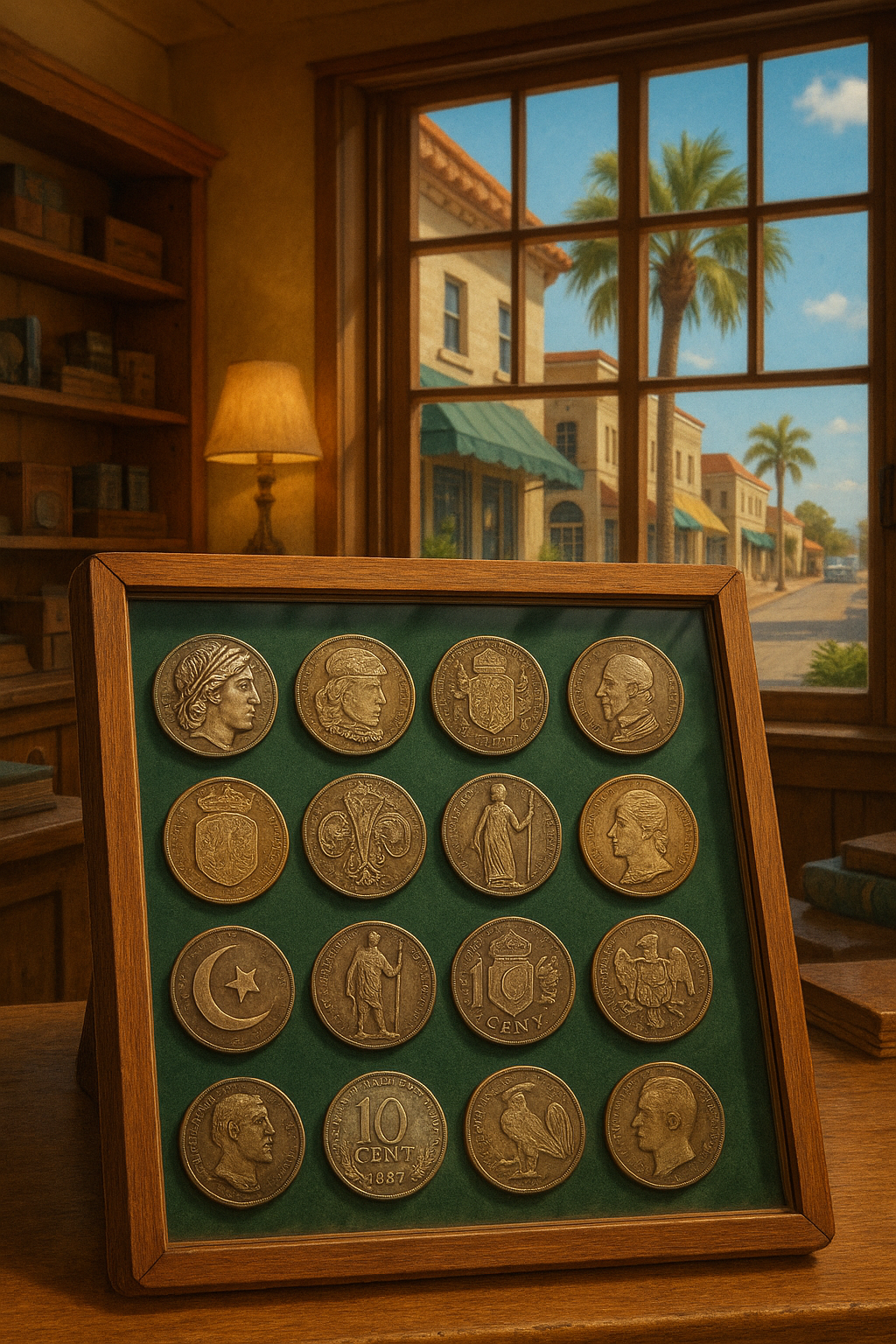 Display of a vintage coin collection featuring a diverse range of rare coins from different eras and regions.