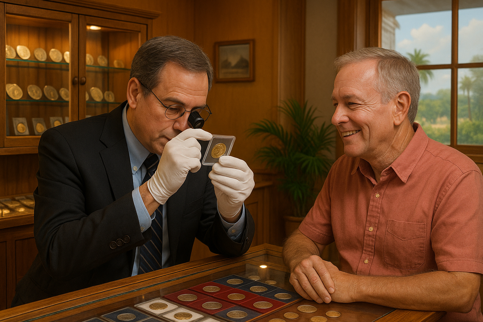 Experienced coin expert appraising a valuable coin for a satisfied customer in a welcoming shop setting.