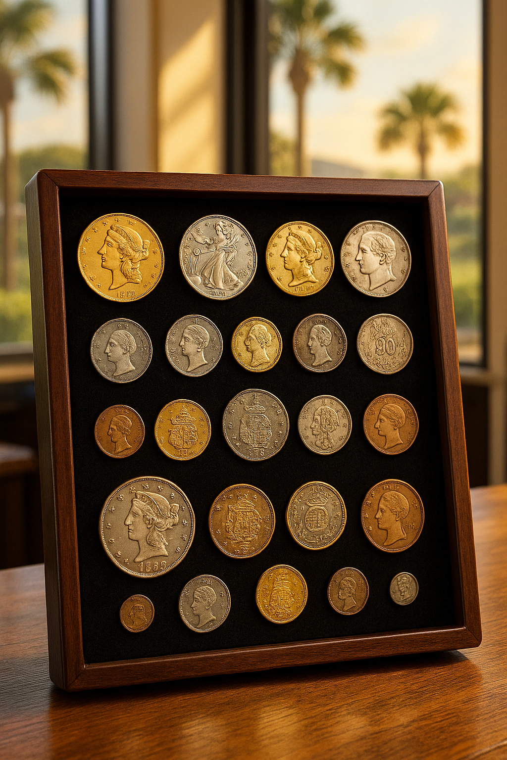 Display of diverse rare coins laid out in a collector's case, highlighting the exceptional variety and quality available at our Hillsborough County shop.