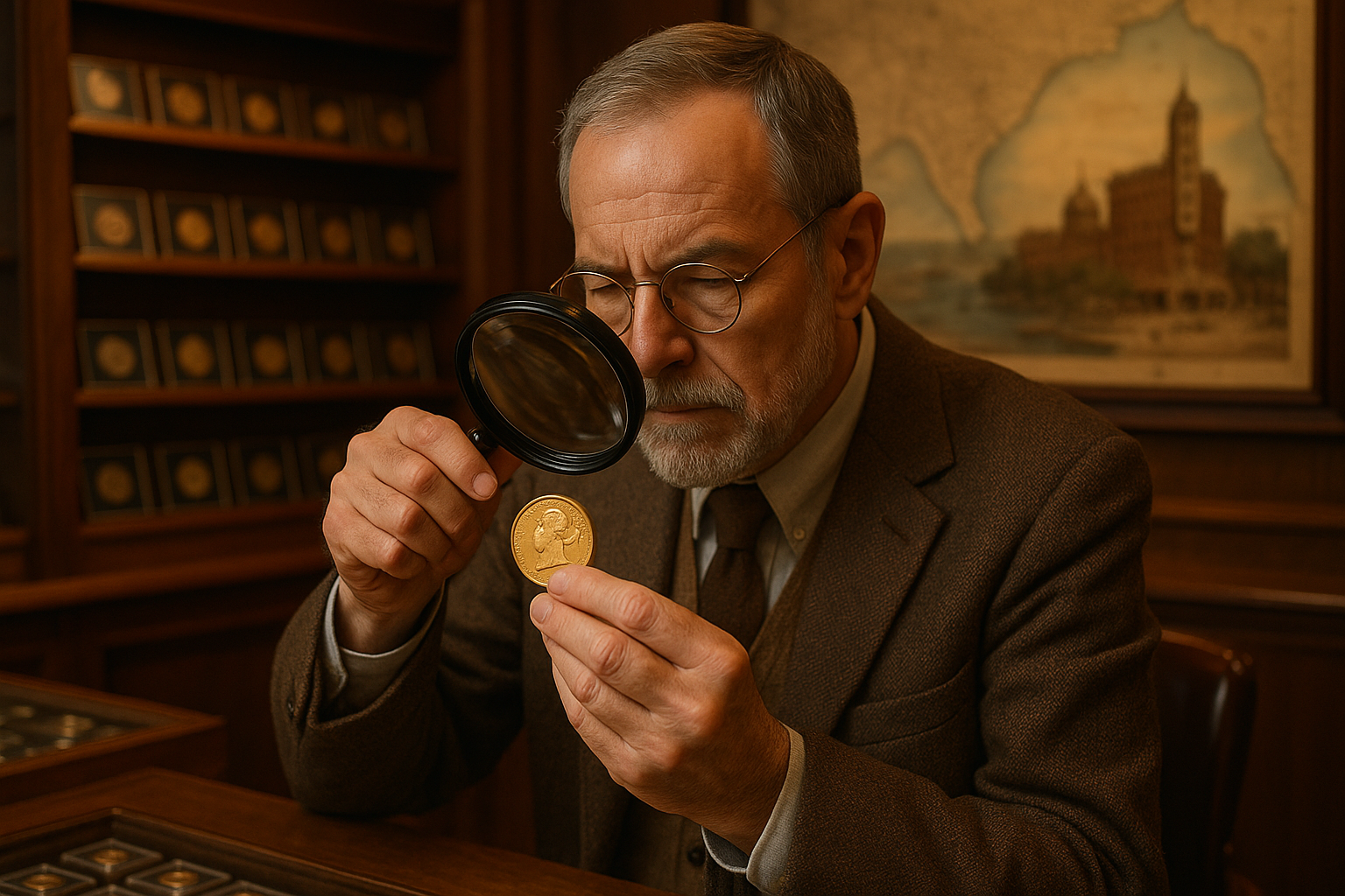 Experienced coin appraiser examining a vintage gold coin to provide expert valuation and guidance for collectors and investors.
