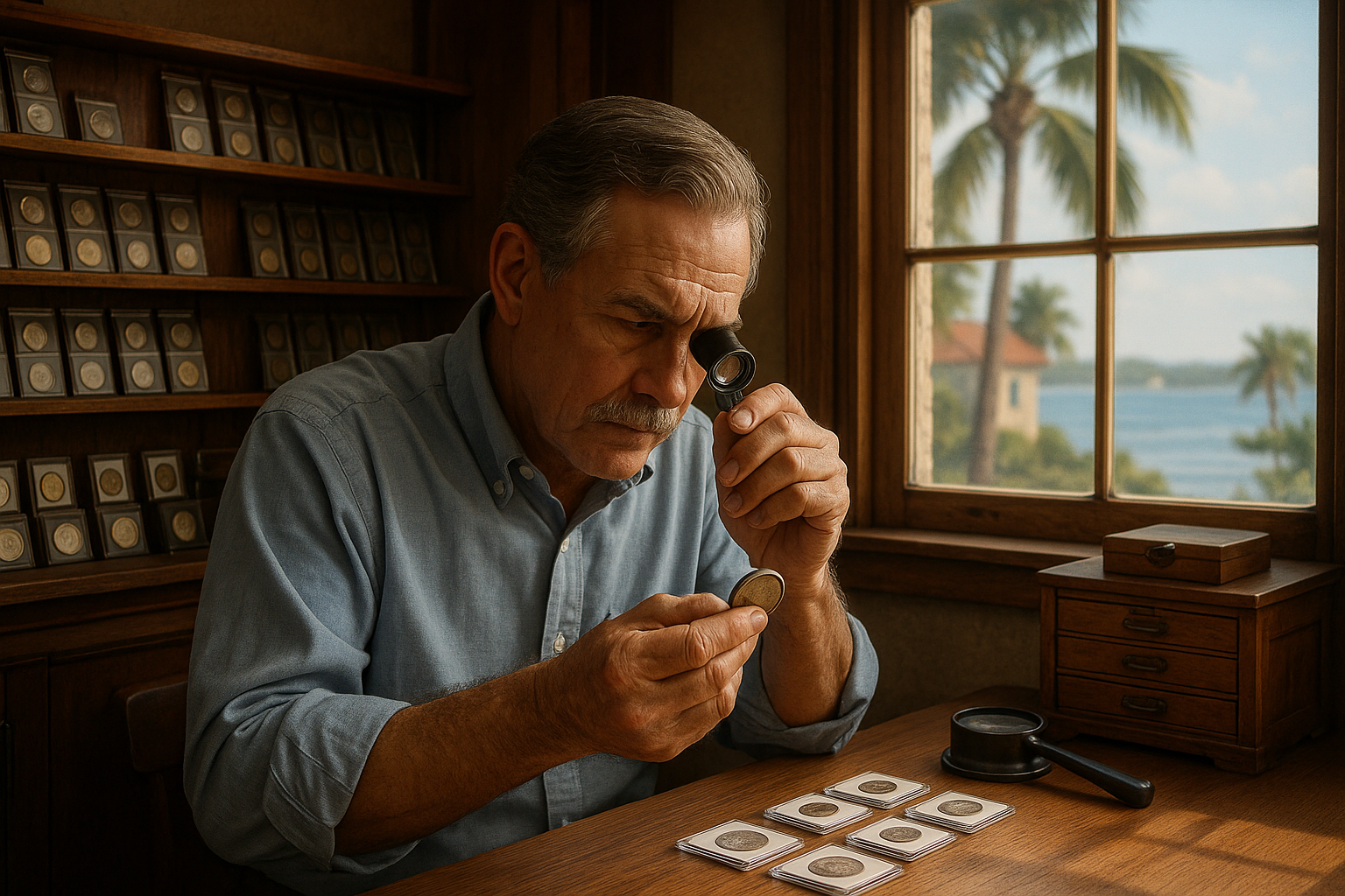 Experienced coin appraiser examining a valuable coin with a magnifying loupe in a Bay County shop