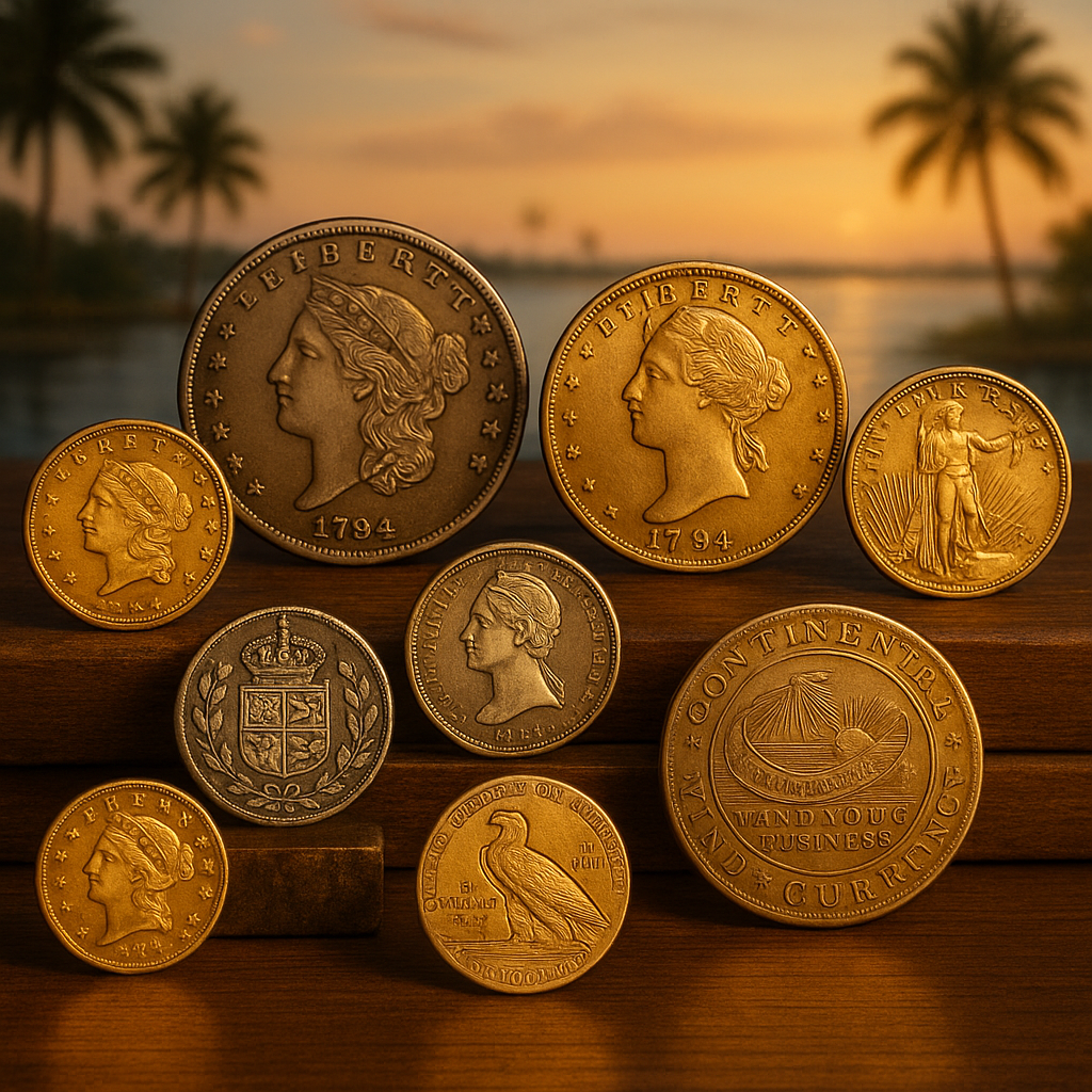 Display of diverse rare coins arranged neatly, highlighting the variety available for collectors in Florida