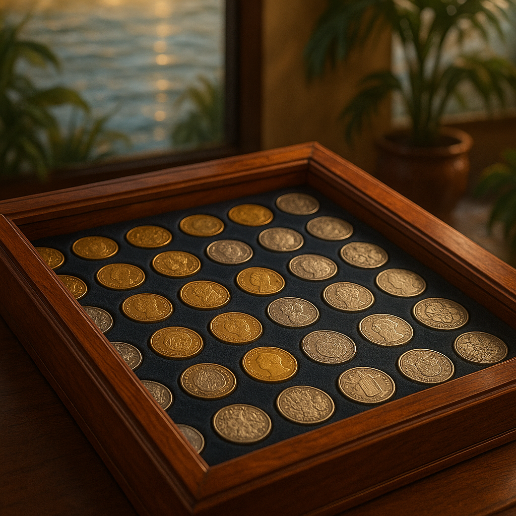 Display of historic gold and silver coins in an elegant wooden case at Indian River County shop