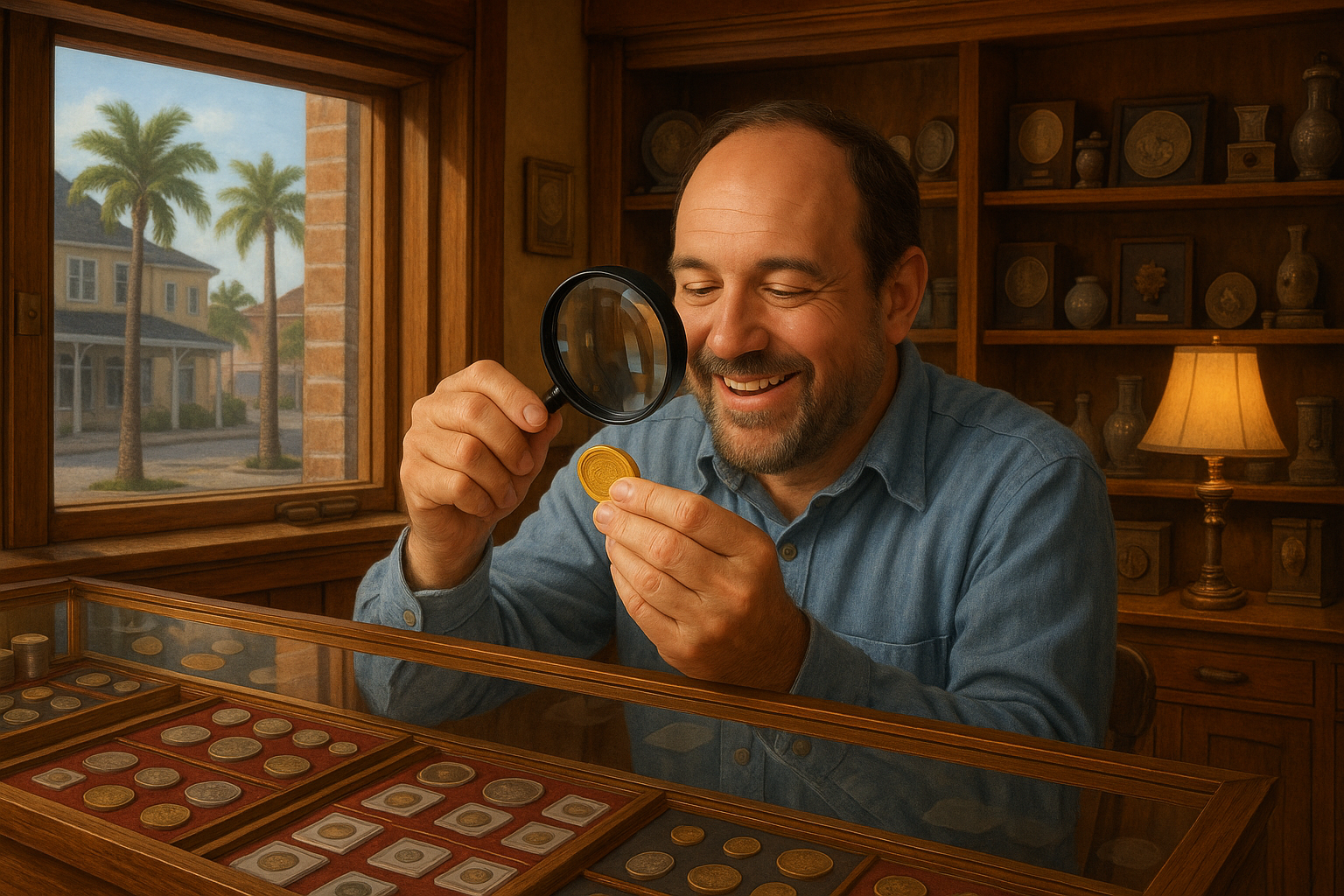 Happy collector examining a valuable coin with magnifying glass in the cozy shop environment