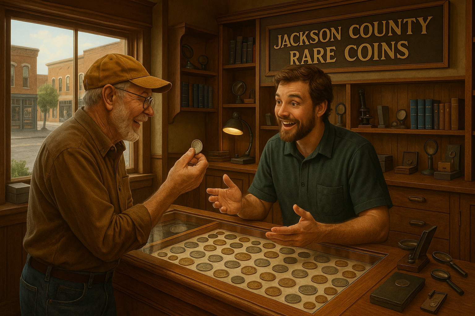 Happy customer consulting with a knowledgeable staff member to start or grow their coin collection at Jackson County's shop.