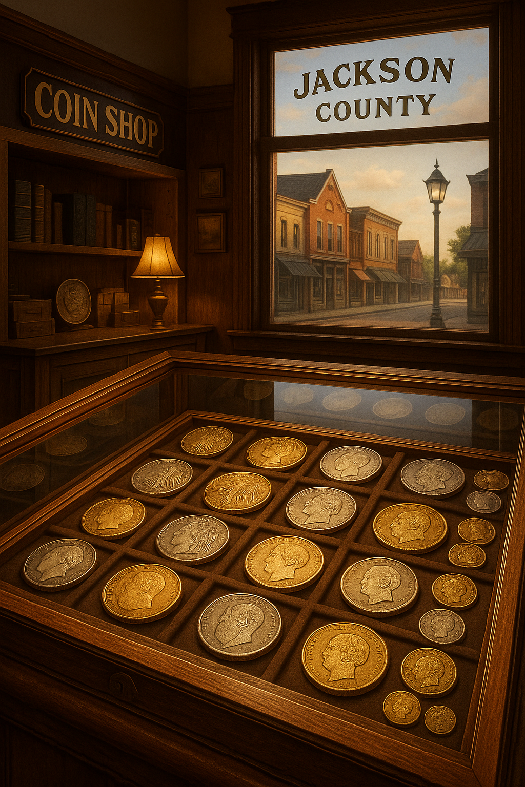 Display case featuring a unique collection of rare and valuable coins available for collectors at Jackson County's coin shop.