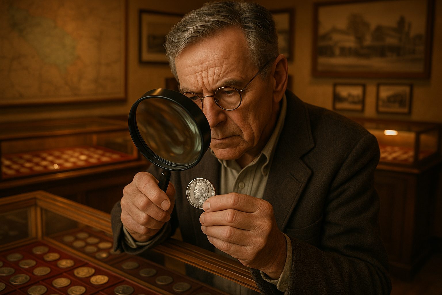 Close-up of an expert appraiser examining a rare coin under a magnifying glass at Jackson County's trusted coin shop.
