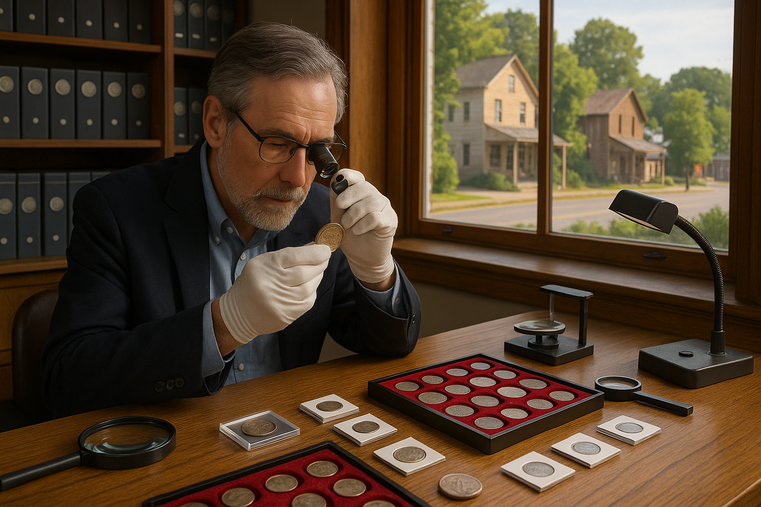 Experienced coin appraiser examining a rare coin with precision magnifying tools, ensuring expert evaluation and trusted service in Jefferson County.