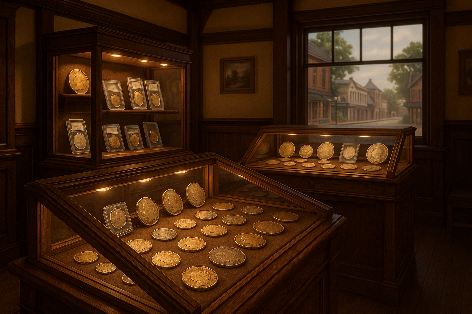 A beautifully displayed collection of historical coins, inviting collectors to explore and build their perfect coin collection.