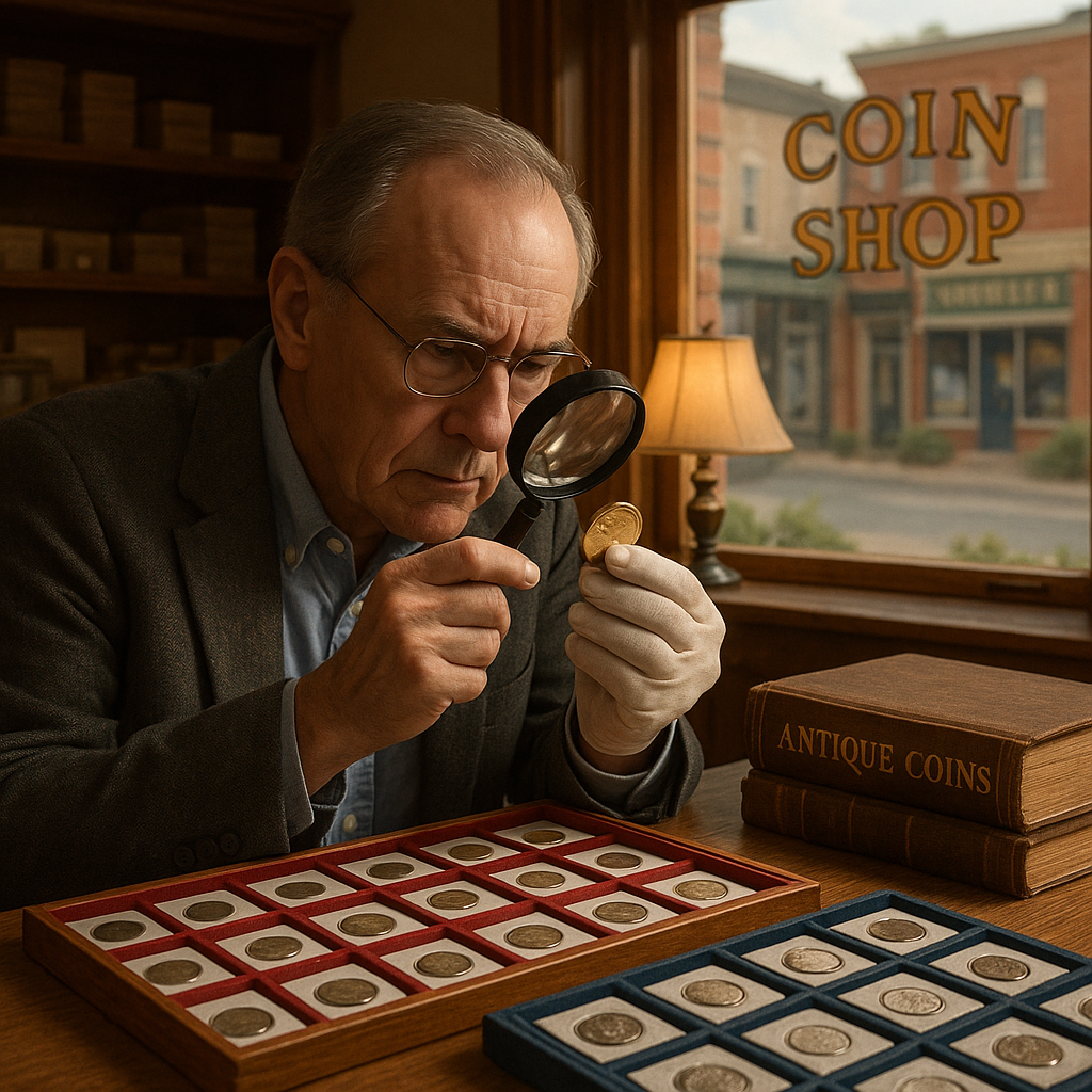 Expert appraiser examining a rare coin with a magnifying glass, highlighting trusted and professional service in coin appraisal.