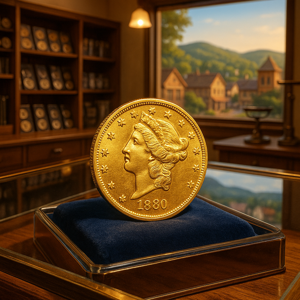 Showcase of a rare gold coin under bright lighting, highlighting its intricate details and craftsmanship at Lake County's trusted coin shop.