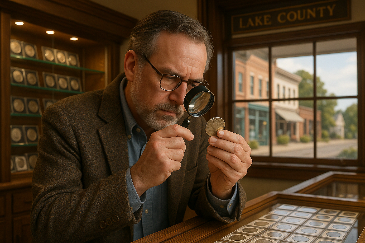 Expert coin appraiser examining a vintage coin with a magnifying glass, ensuring authenticity and value for collectors and investors.