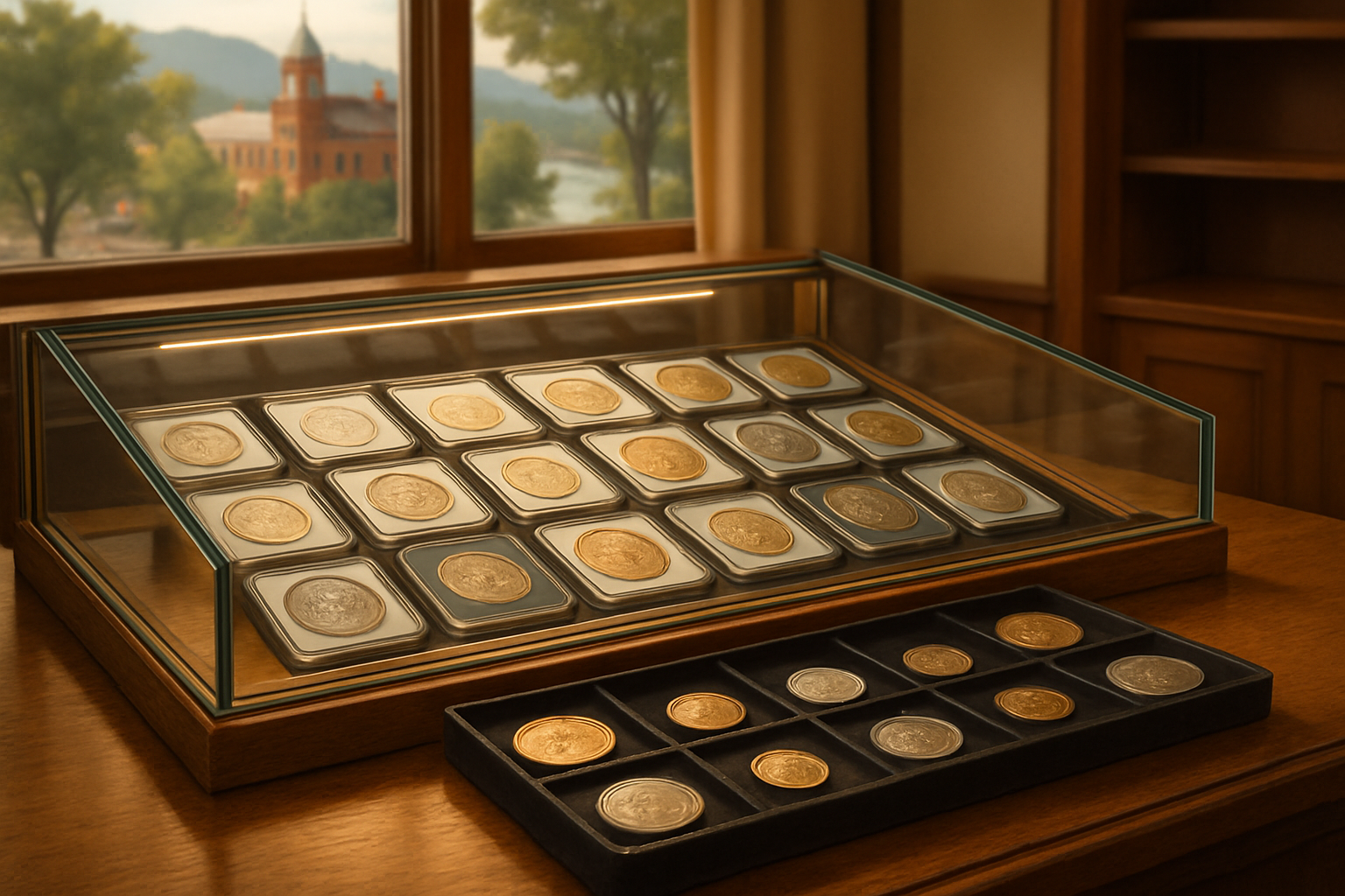 Display of a diverse collection of rare and valuable coins neatly organized, inviting collectors to explore Lake County's premier coin shop.