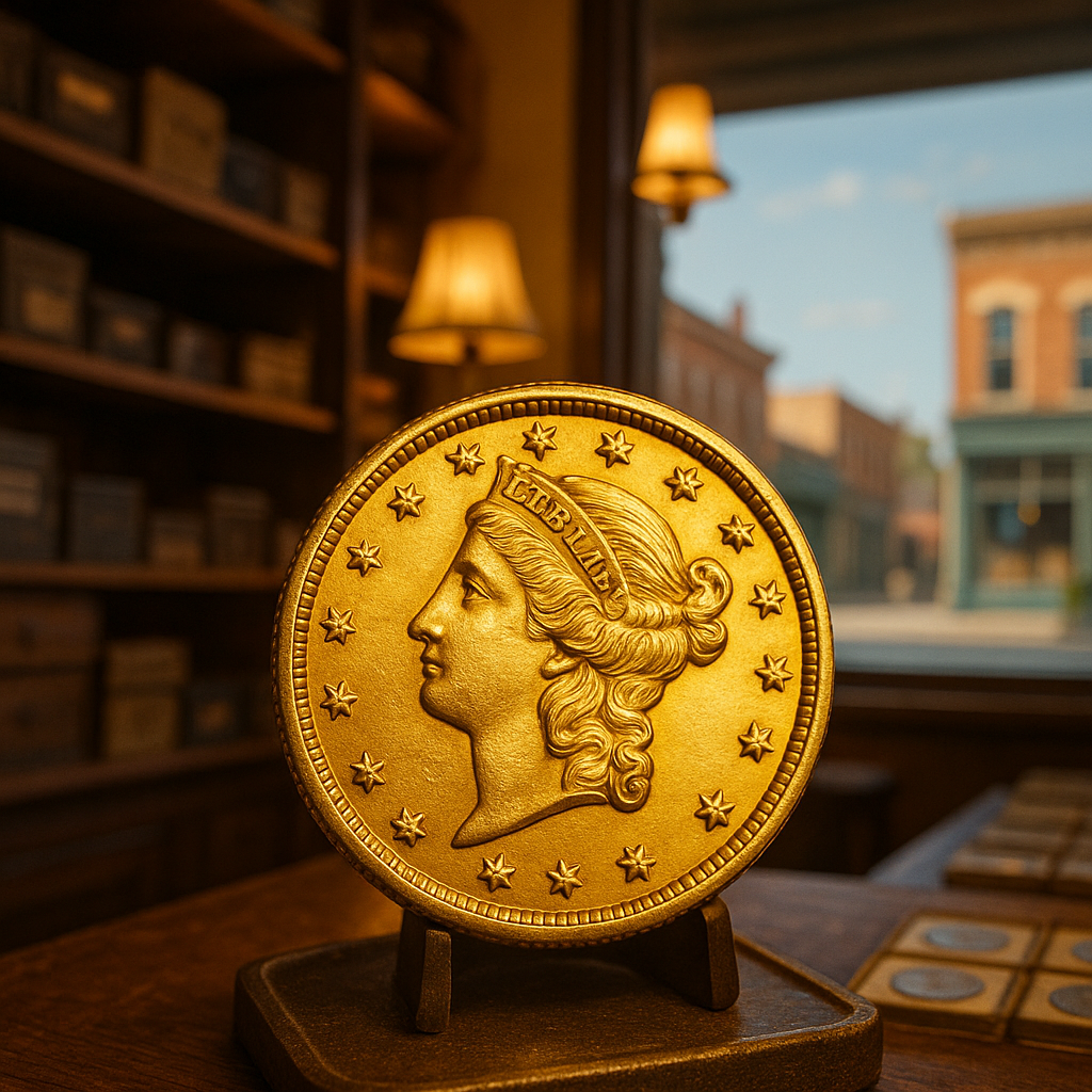Close-up of a beautifully detailed rare gold coin showcasing intricate engravings and lustrous shine.