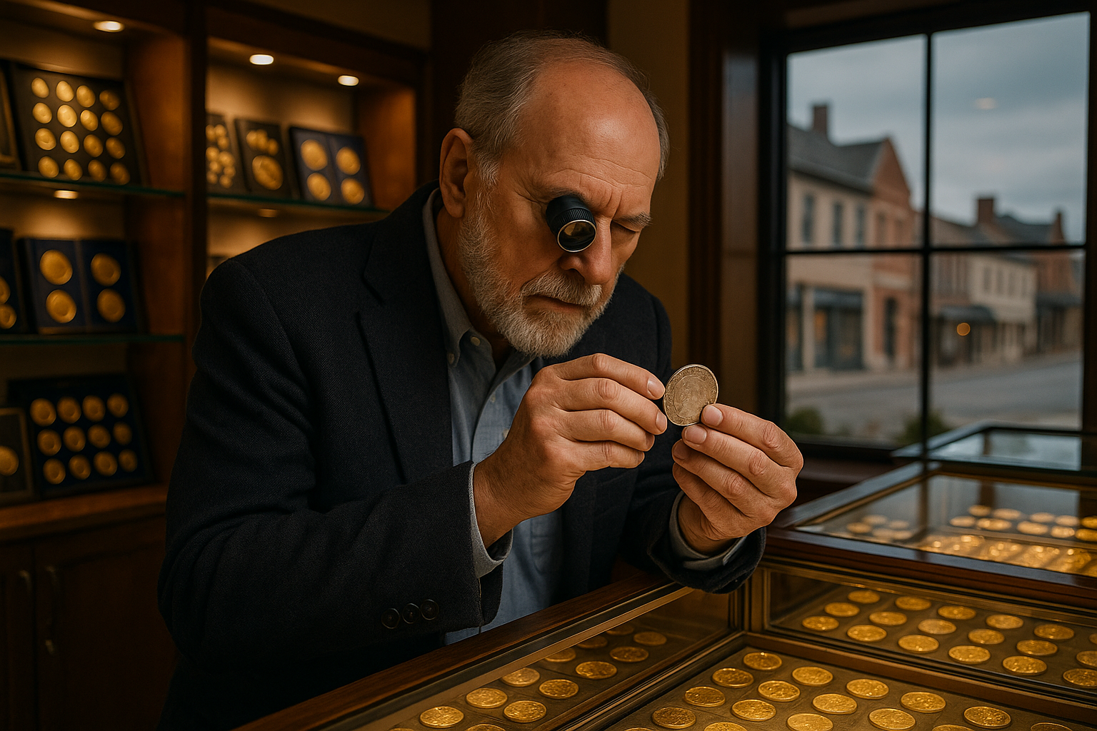 Experienced coin expert appraising a rare silver coin in a well-lit, secure shop environment.