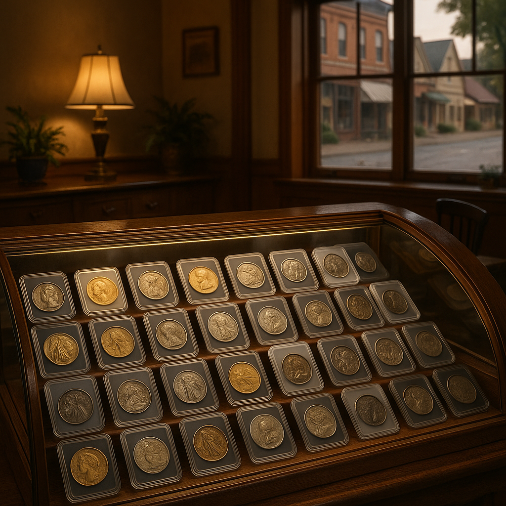 Display case filled with a diverse collection of historic and collectible coins, highlighting their unique designs.