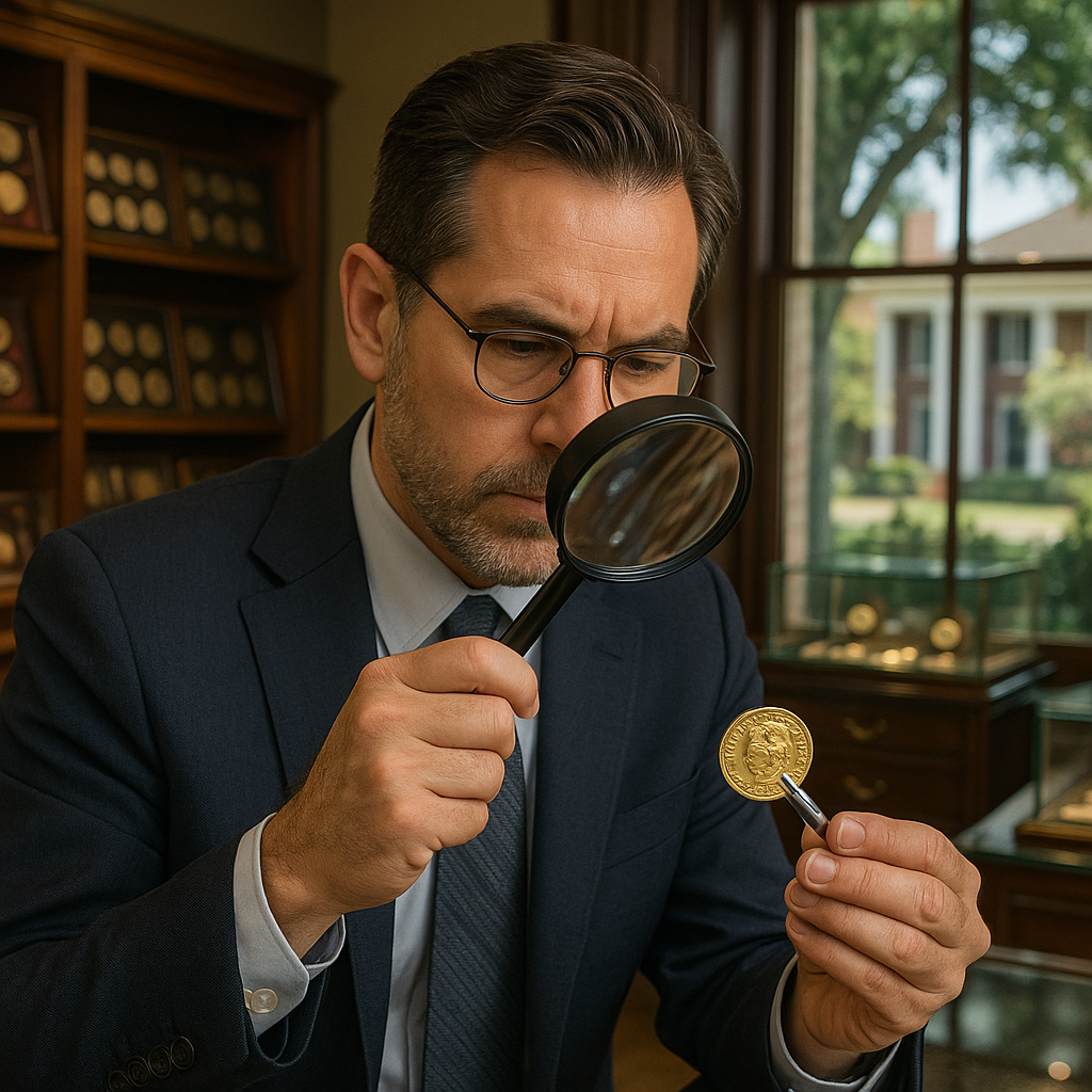 Expert appraiser inspecting a rare coin, emphasizing authenticity and professional evaluation services.
