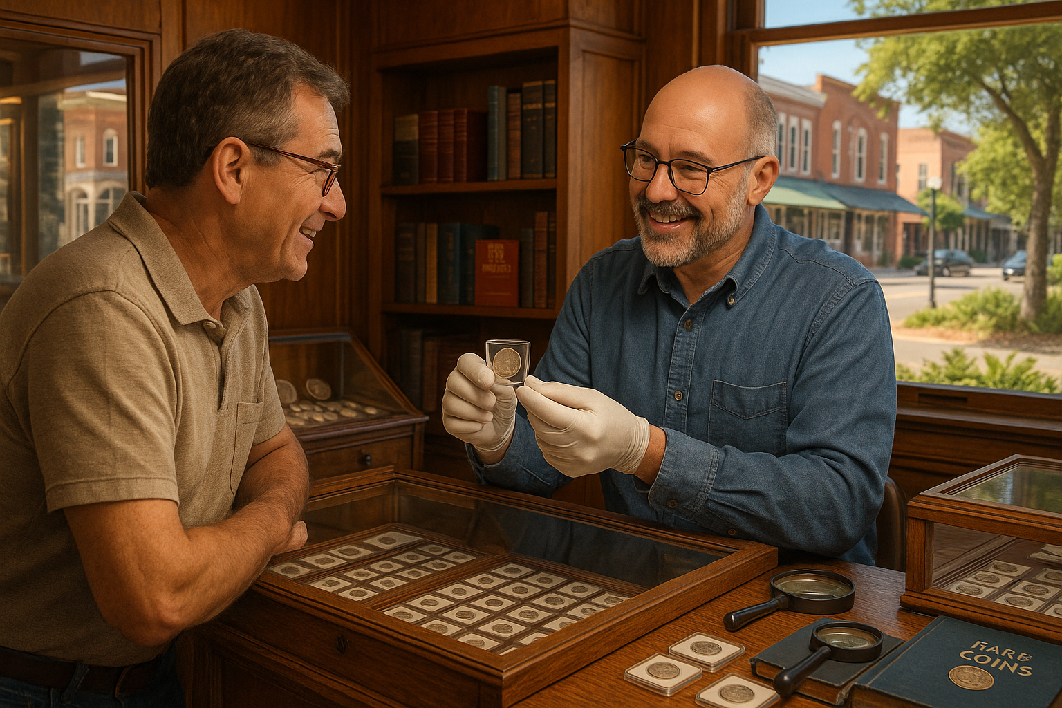 Friendly customer receiving personalized service and guidance at a rare coin shop in Leon County, Florida.