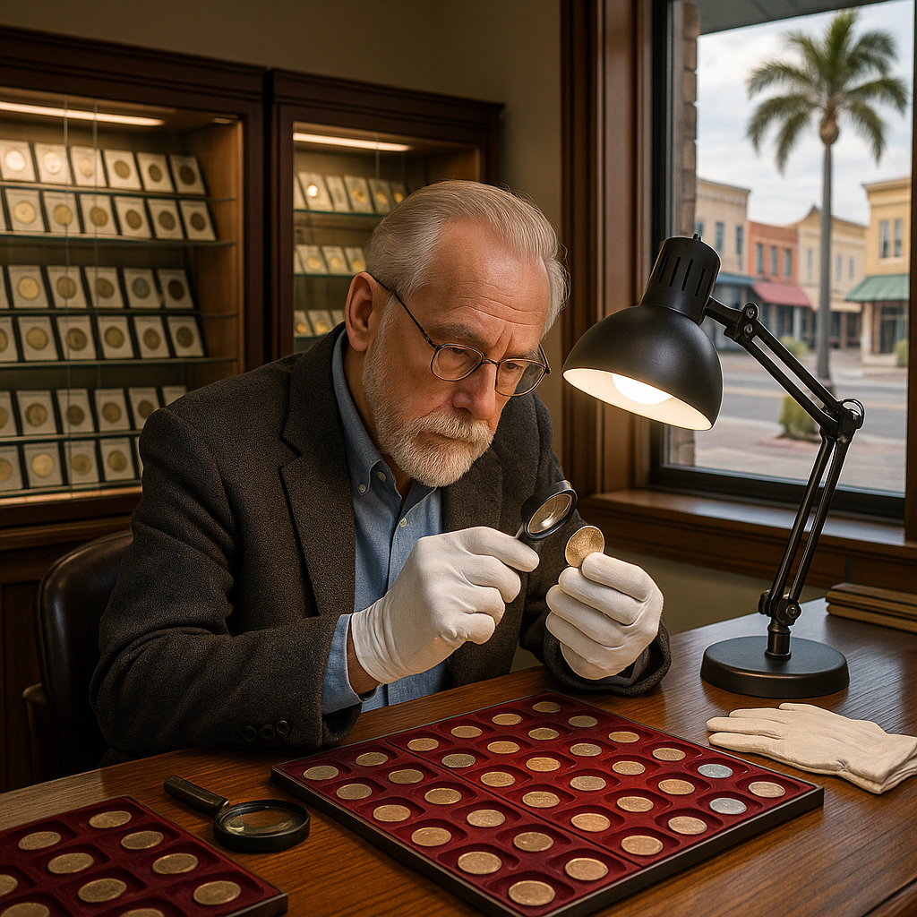 Experienced numismatist carefully appraising a rare coin in a well-lit professional setting