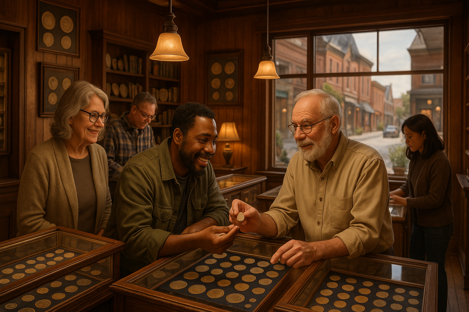 Friendly staff engaging with coin collectors and enthusiasts in a personalized service setting.