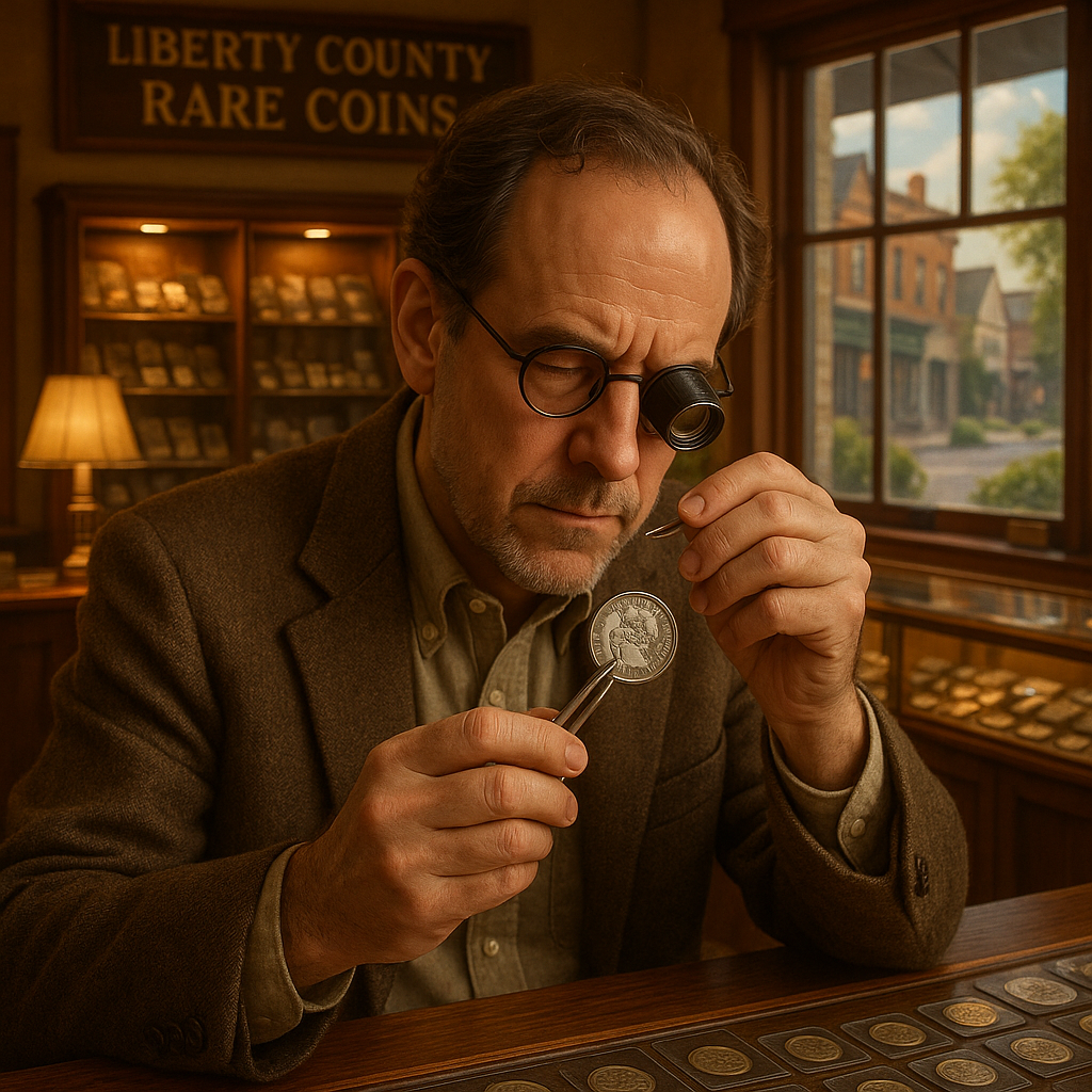 Expert appraiser examining a vintage coin under magnification in a trusted rare coin shop.