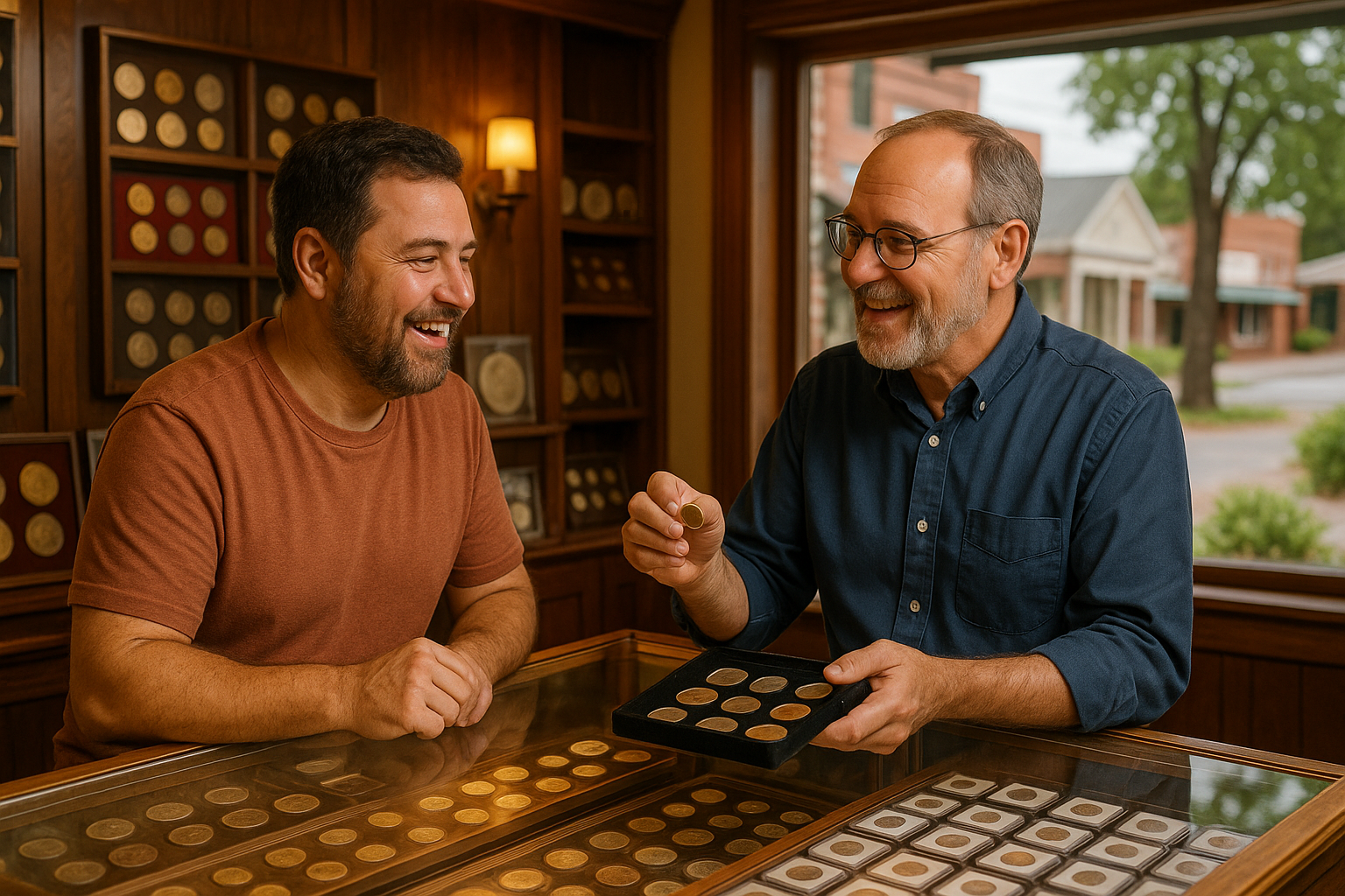 Happy customer receiving expert guidance at Madison County Rare Coins shop in Florida, emphasizing personalized service.