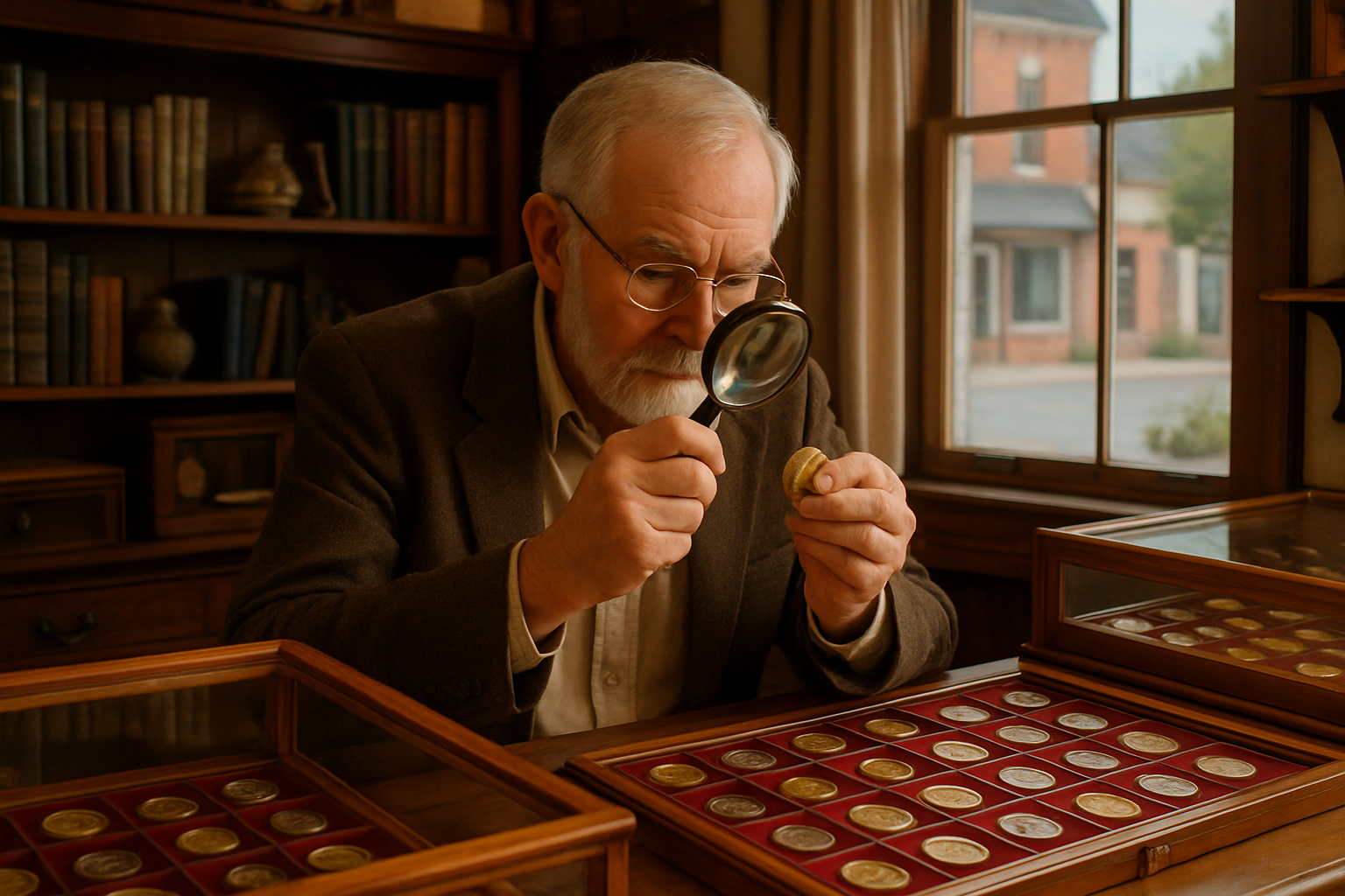 Expert numismatist carefully appraising a vintage coin, ensuring accurate and trustworthy evaluations for collectors.