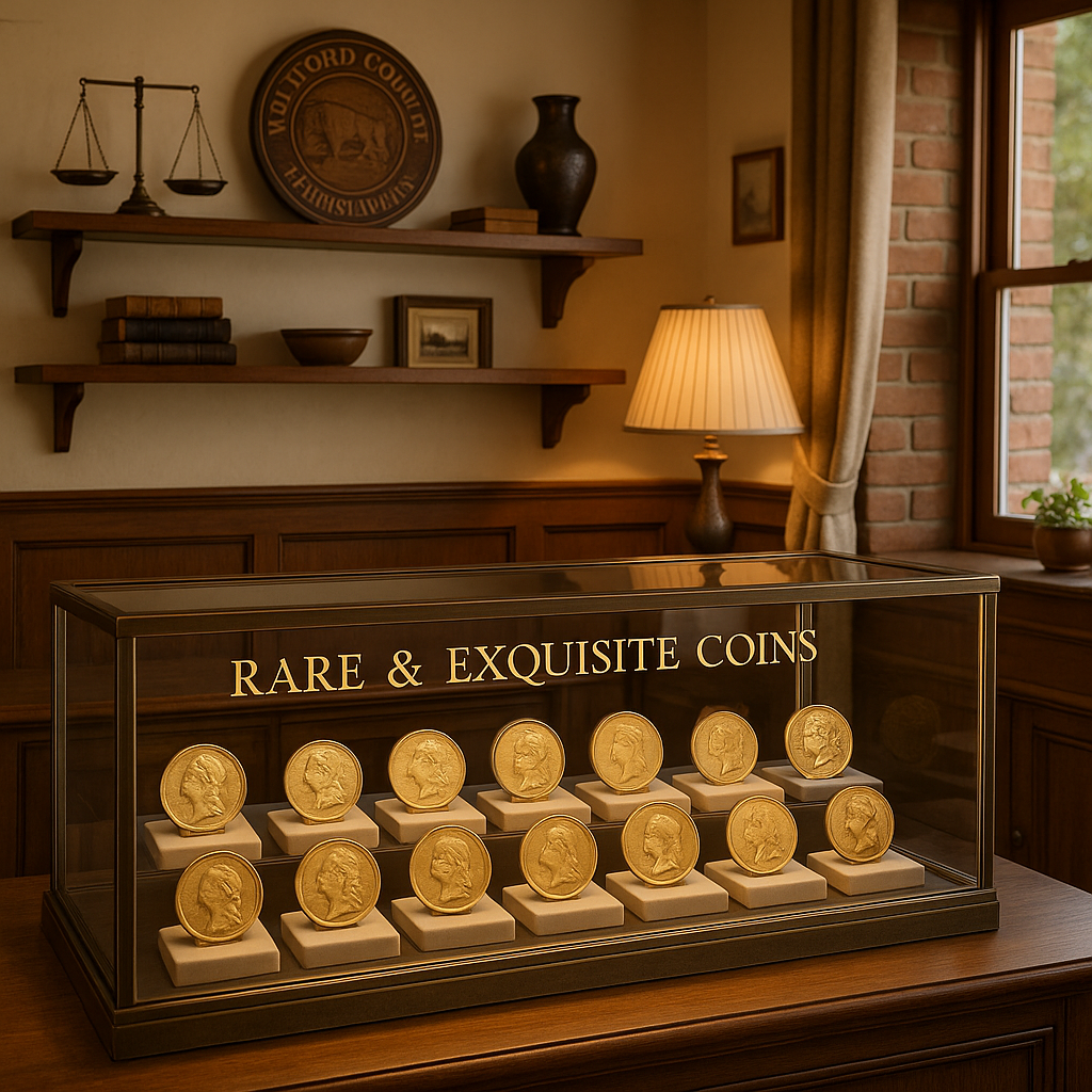 Elegant display of rare coins arranged for sale, inviting collectors to explore unique treasures with exceptional customer service.