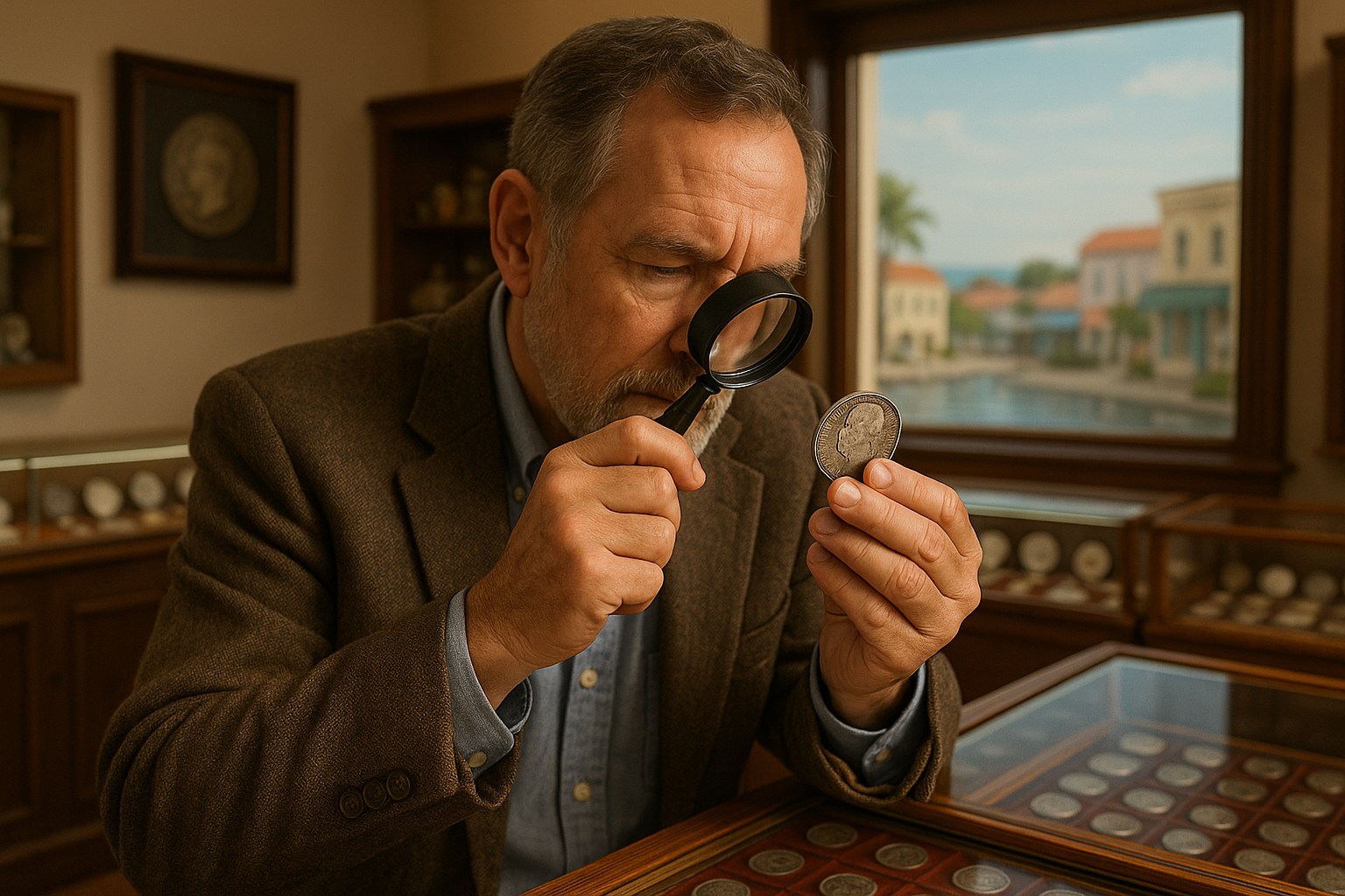 Expert appraiser examining a vintage silver coin with a magnifying glass, ensuring authenticity and quality.