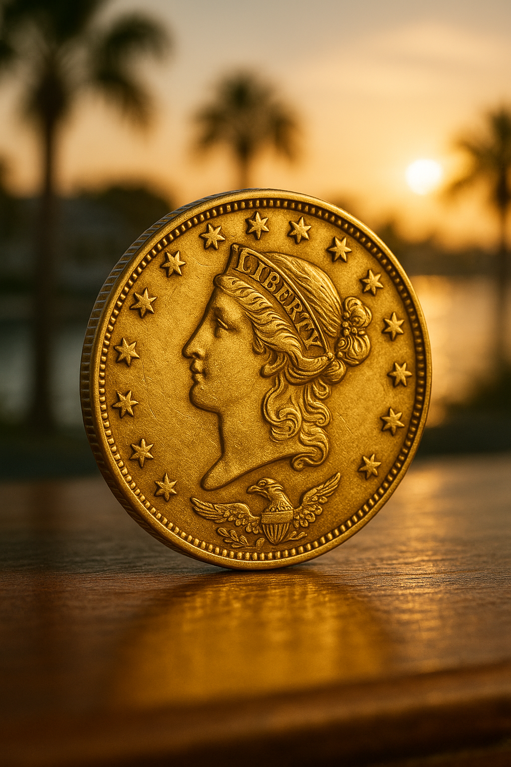 Showcase of a rare gold coin glistening under soft lighting, highlighting its intricate design and historical value.
