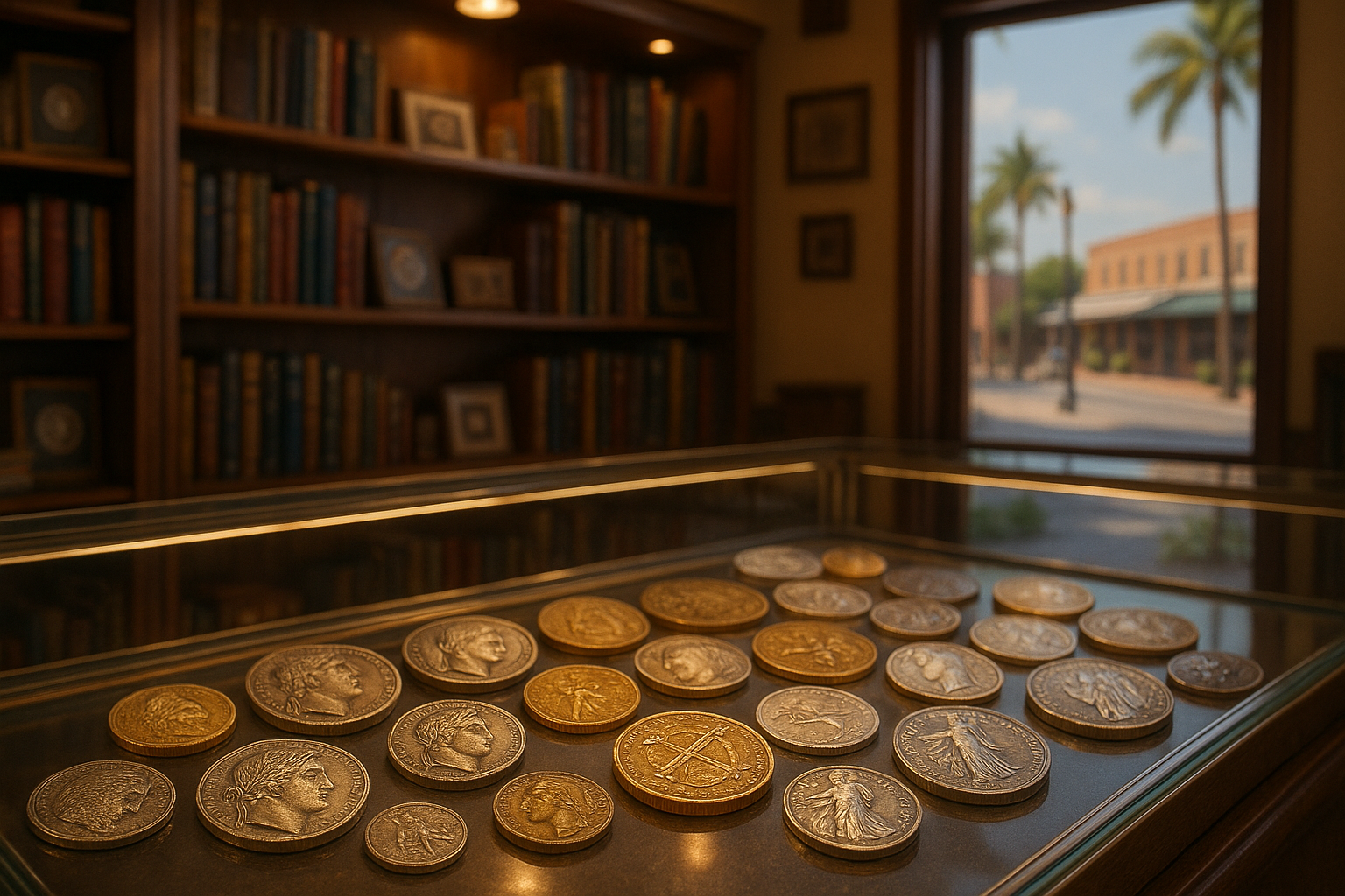 Display of a diverse collection of rare coins from various eras and countries, inviting collectors of all levels to explore.