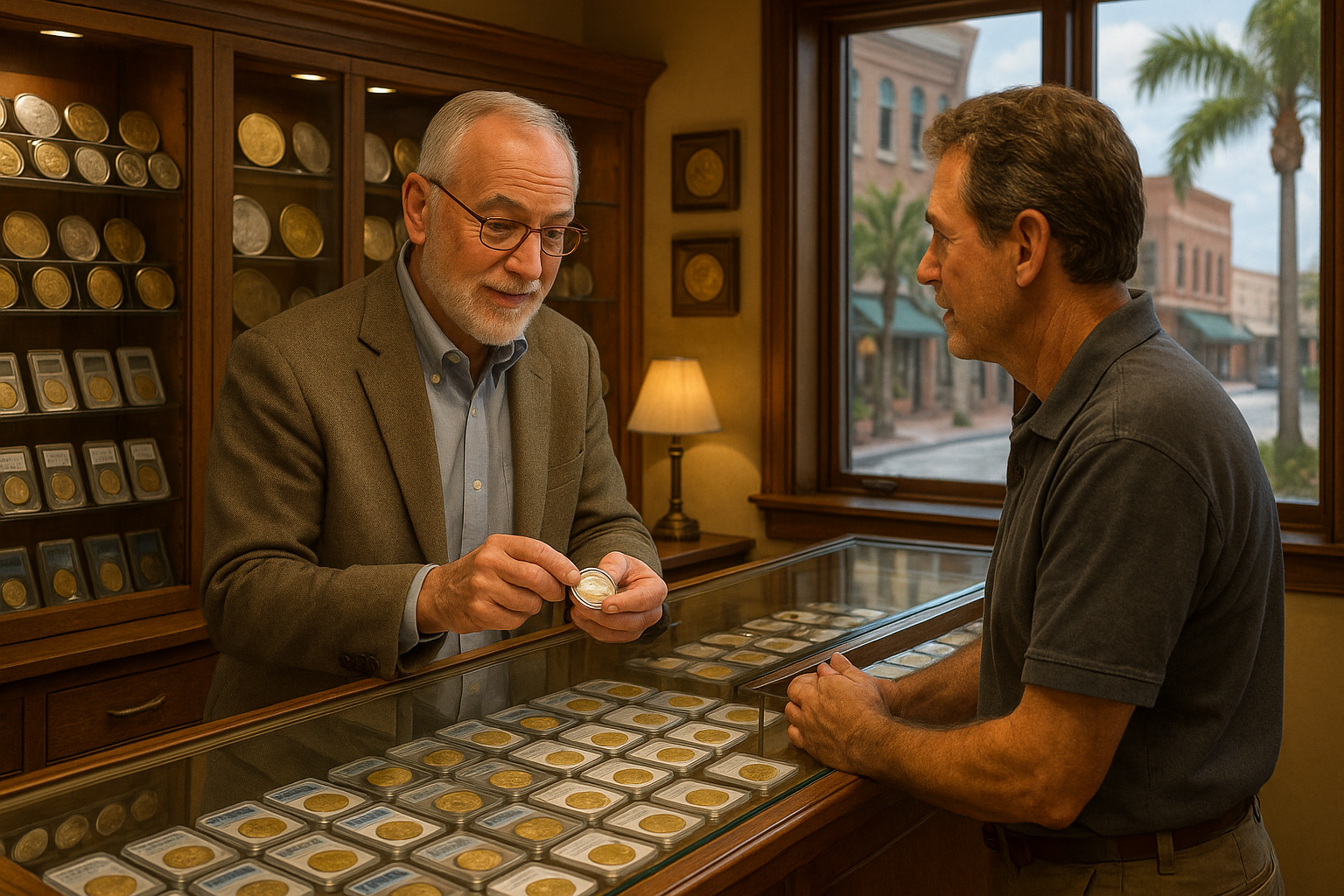 Expert coin appraiser providing guidance to a customer in a Martin County rare coin shop, showcasing exclusive collections.
