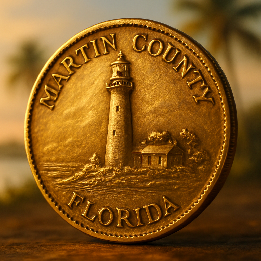 Close-up of a rare gold coin from Martin County displayed in elegant lighting, highlighting its intricate details.