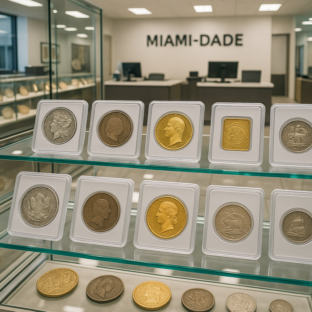 Display of diverse collectible coins in glass cases, representing a wide selection and secure transactions at the Miami-Dade rare coin shop.