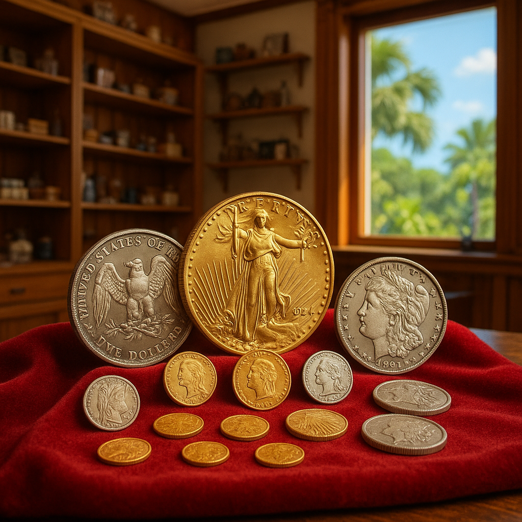Display of rare gold and silver coins arranged on a velvet cloth at Monroe County's coin shop