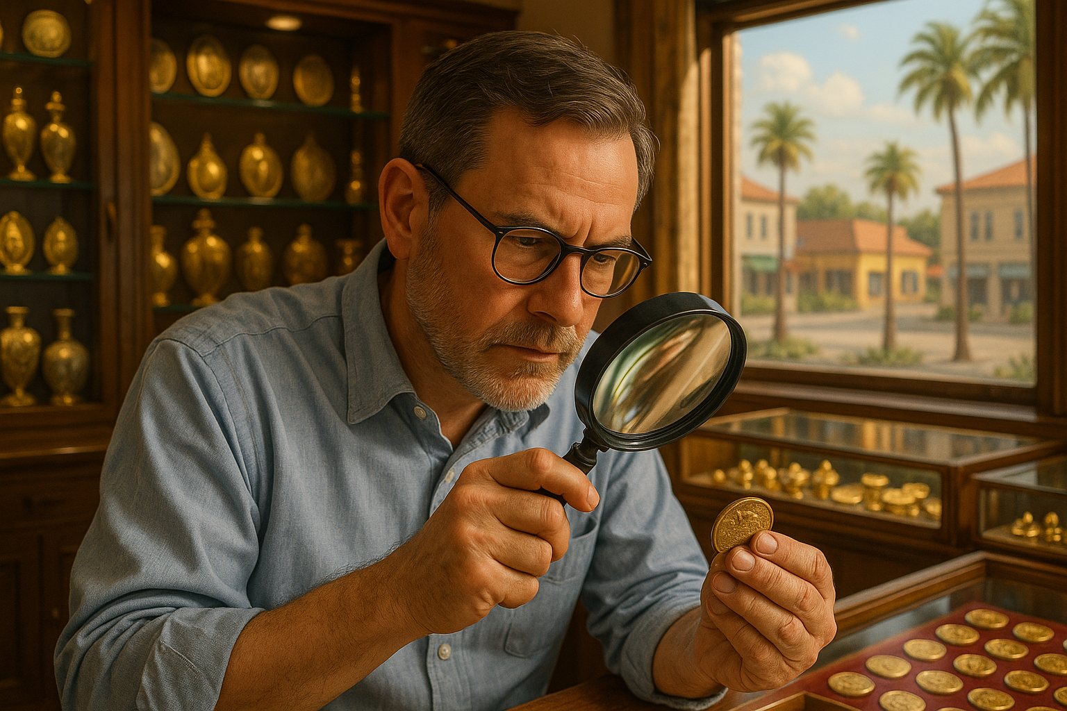 Expert appraiser inspecting a vintage coin under magnification at Florida's trusted rare coin shop