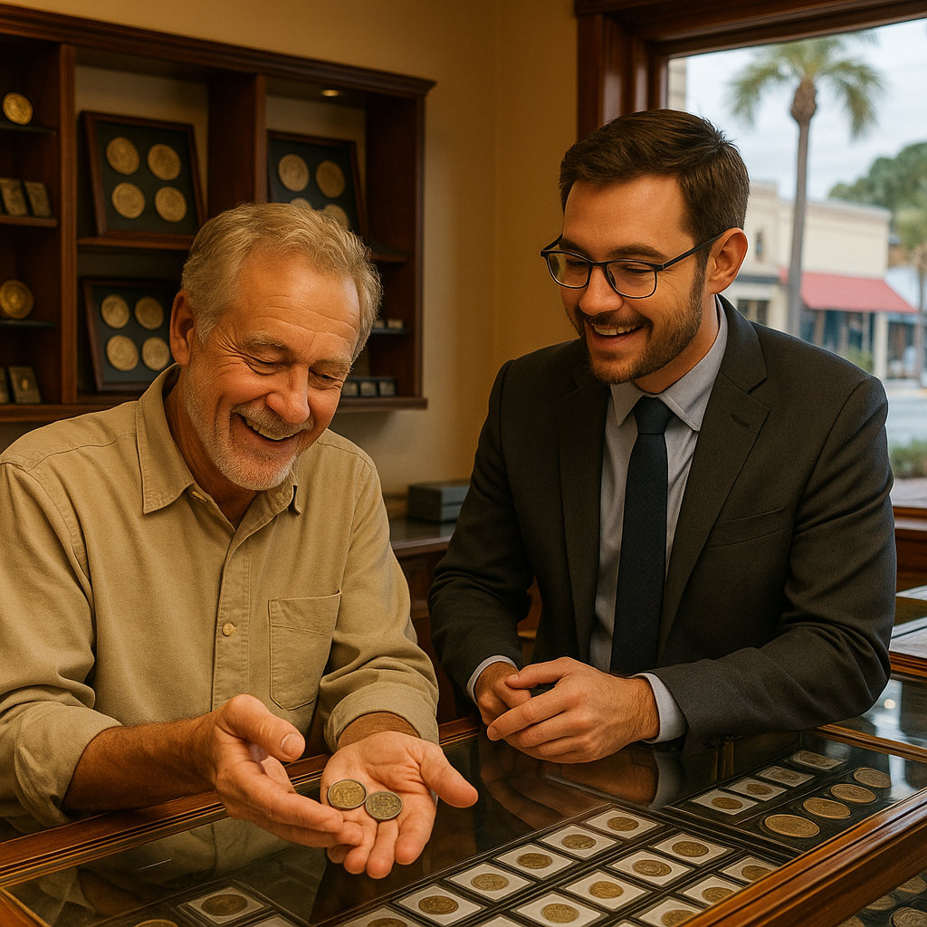 Happy customer examining rare coins with a knowledgeable staff member providing personalized service