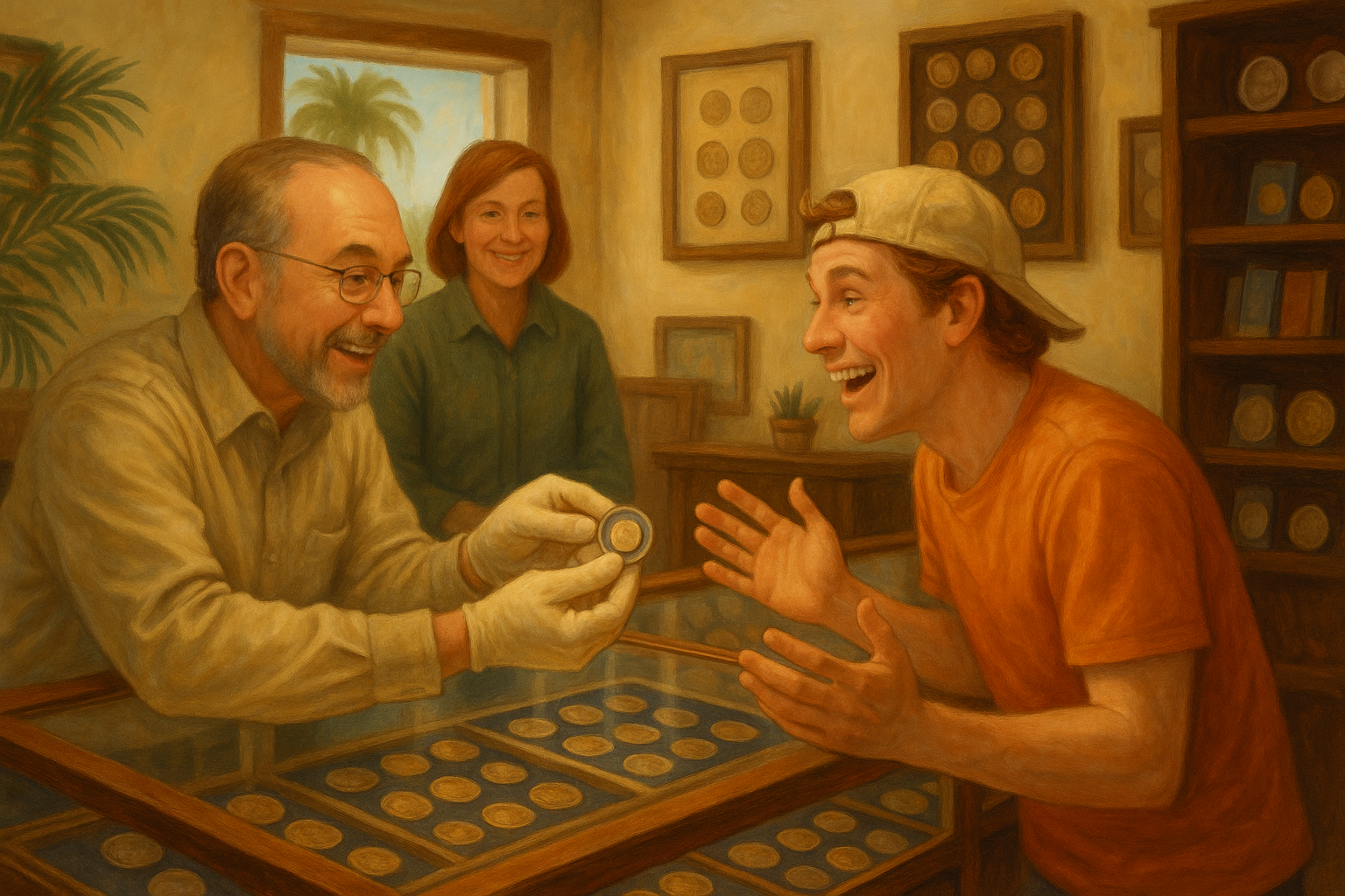 Friendly staff assisting a customer in discovering unique and valuable rare coins at a Florida-based coin shop.