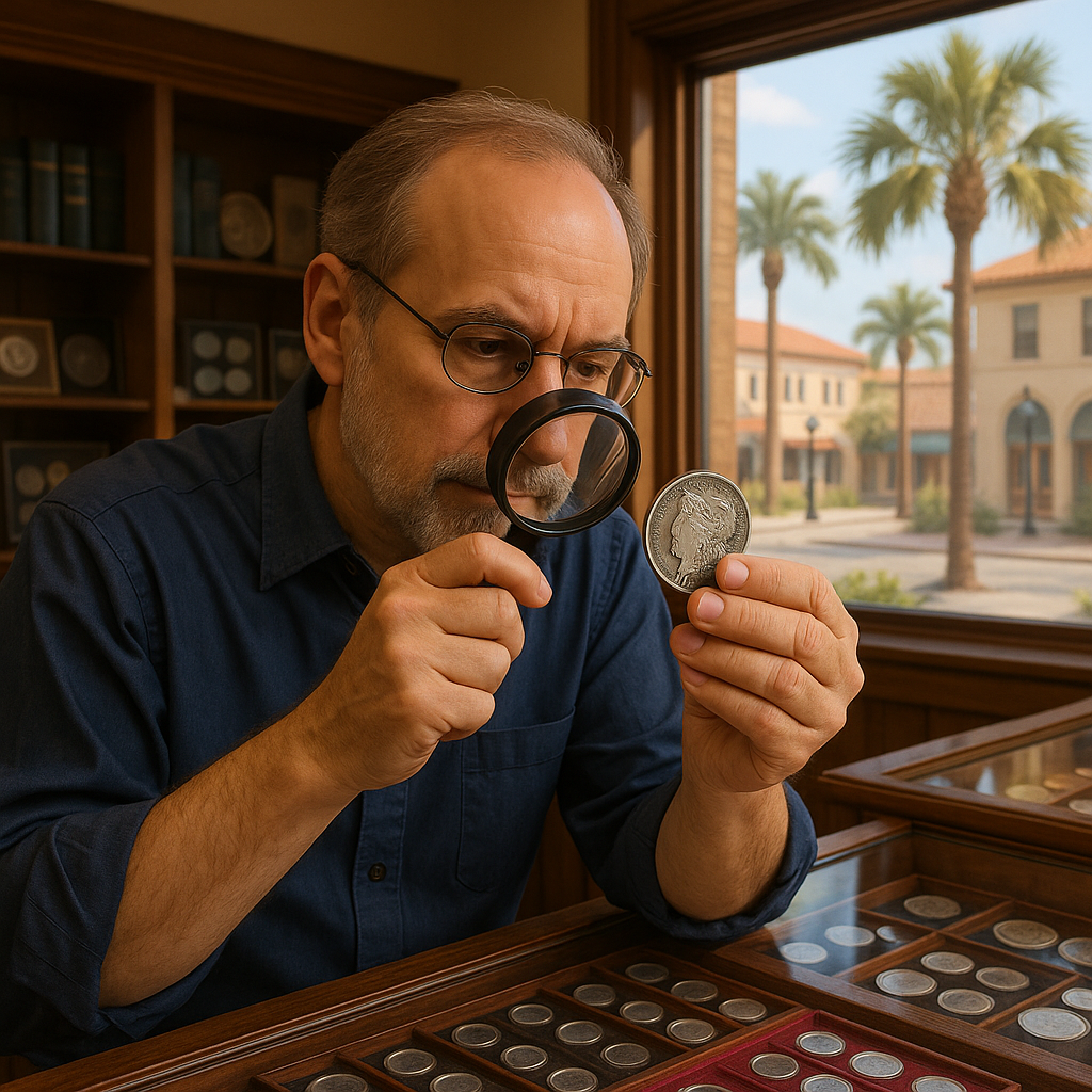 Experienced coin appraiser examining a vintage silver coin under magnification at Nassau County's trusted coin shop.