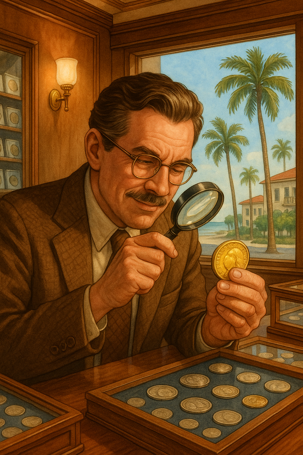A collector examining a unique gold coin with a magnifying glass, highlighting expert appraisal services available in Florida.