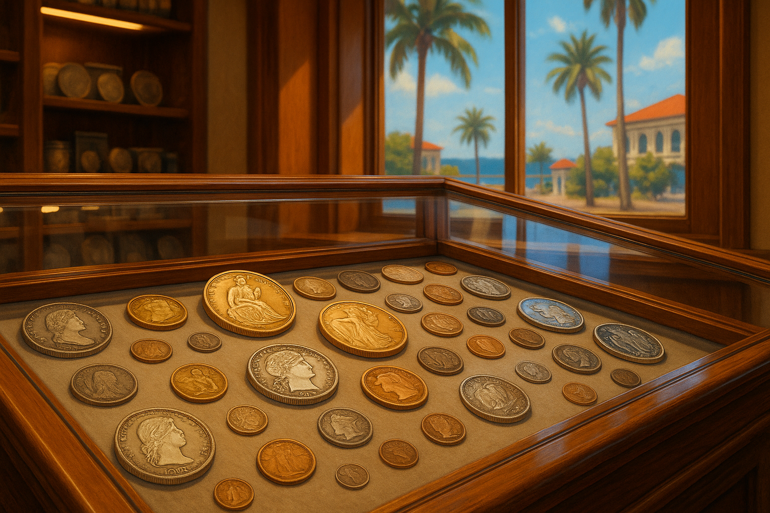 Display case filled with a diverse selection of rare coins, perfect for both seasoned collectors and beginners at Okaloosa County's coin shop.