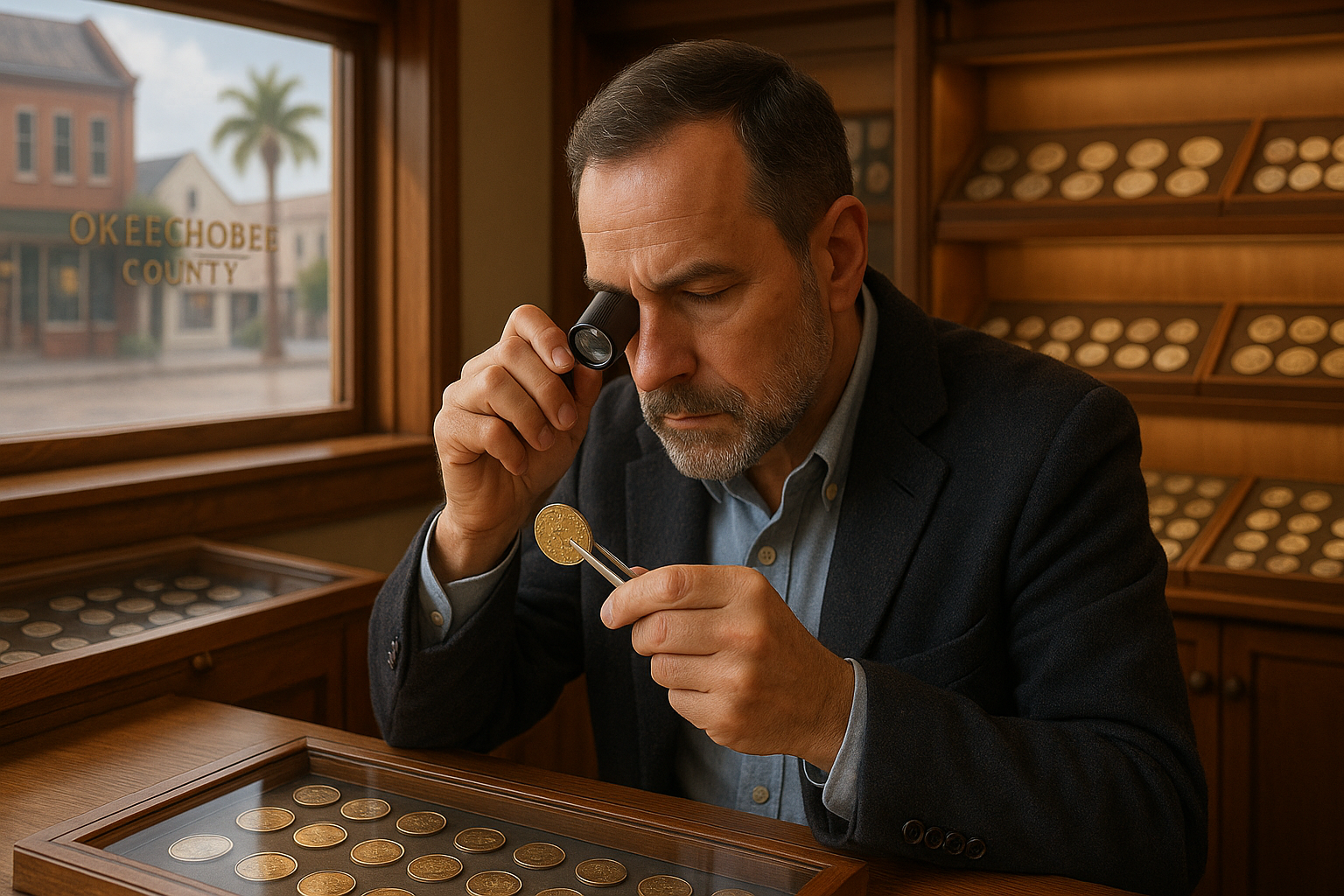 Expert numismatist appraising a valuable rare coin with precision and care