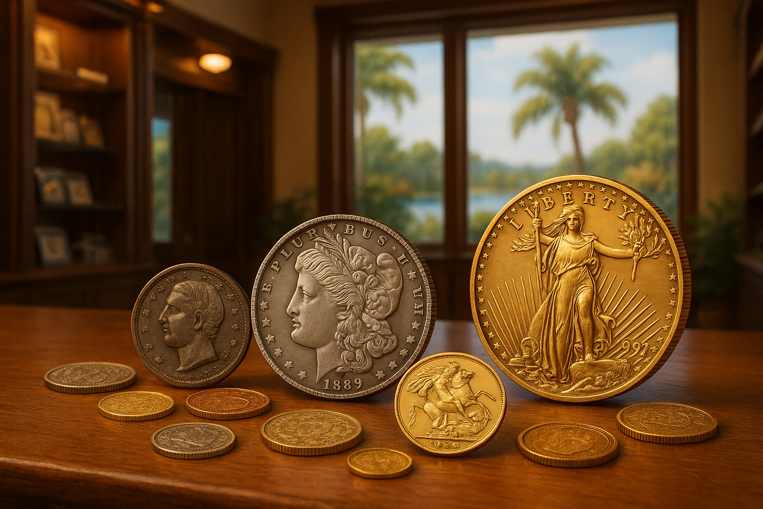 Display of rare and valuable coins from Orange County's trusted coin shop, showcasing a variety of unique collectible coins.