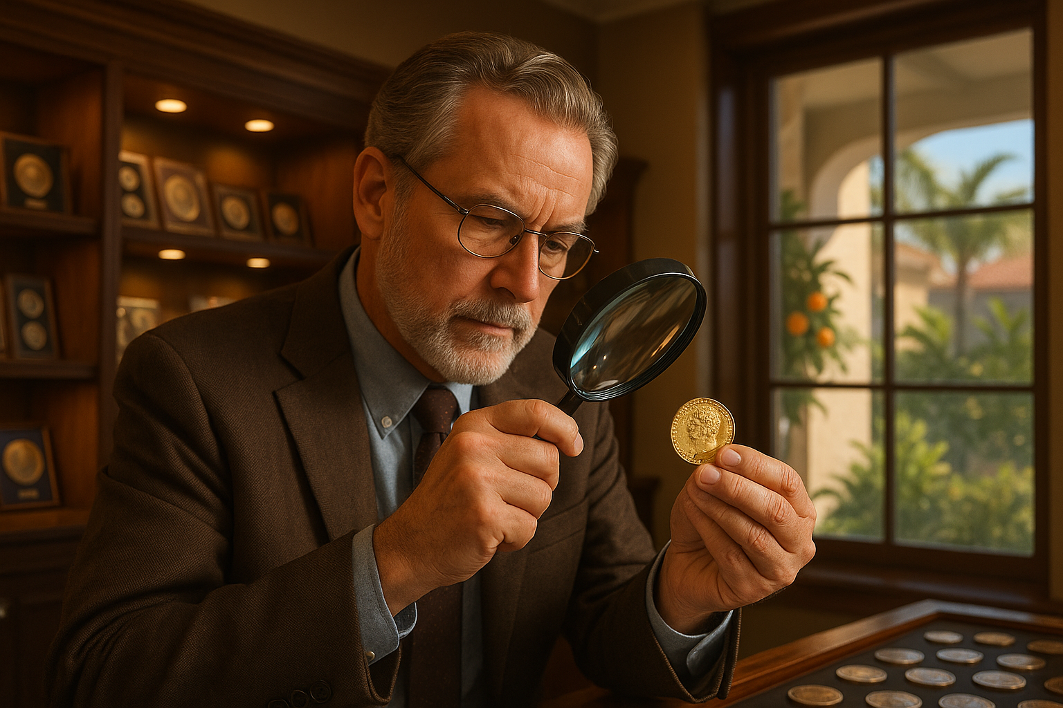 Expert appraiser examining a rare coin under a magnifying glass, ensuring accurate valuations at our Florida coin shop.