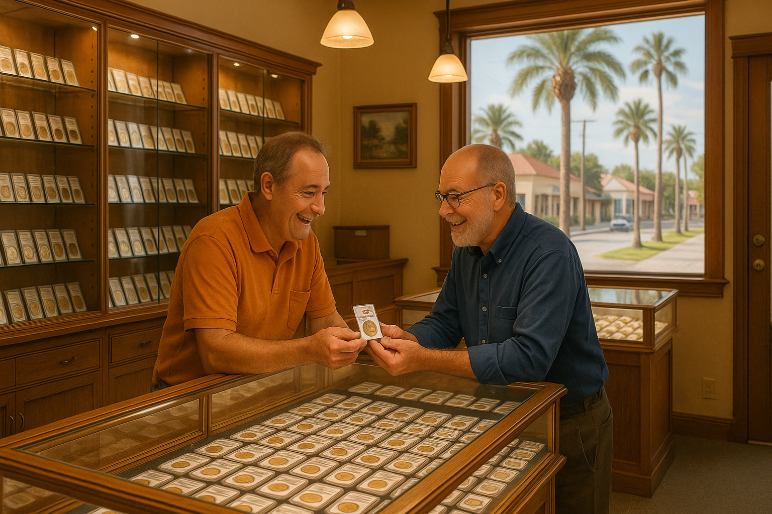 Friendly staff assisting a happy customer with their rare coin purchase, highlighting the welcoming service at Osceola County's Florida coin shop.