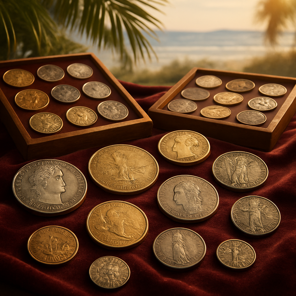Display of various rare and collectible coins arranged elegantly, inviting visitors to explore timeless treasures at the shop.