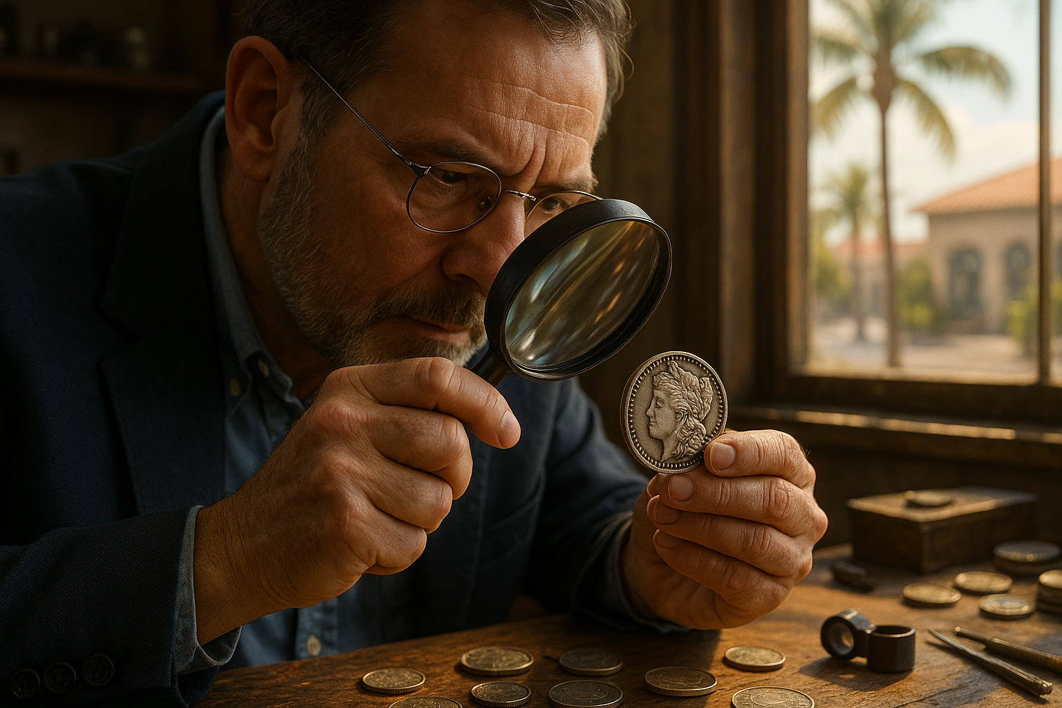 Expert appraiser examining a vintage coin under magnification, showcasing trusted coin appraisal services in Brevard County.