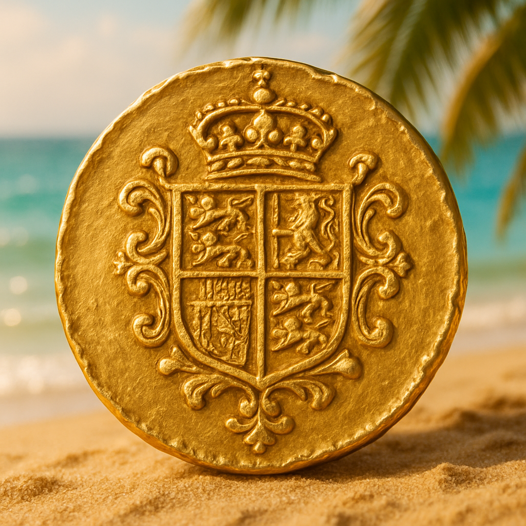 Close-up of a rare gold coin with intricate details, showcasing exceptional craftsmanship at a Palm Beach County coin shop.